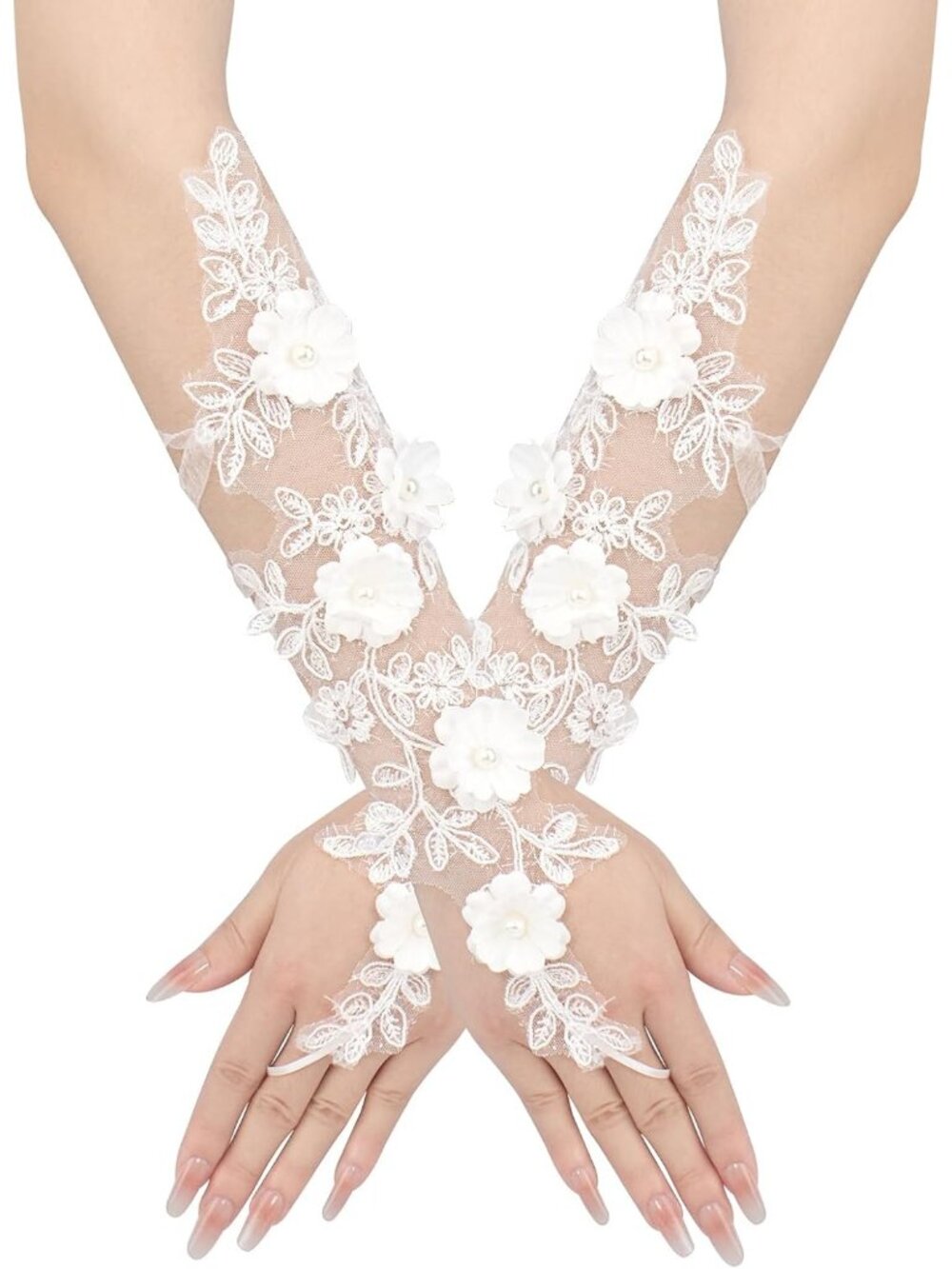 Women's White Style 1 pearl Fingerless Lace Party Elegant Wedding Bridal Gloves